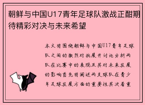 朝鲜与中国U17青年足球队激战正酣期待精彩对决与未来希望