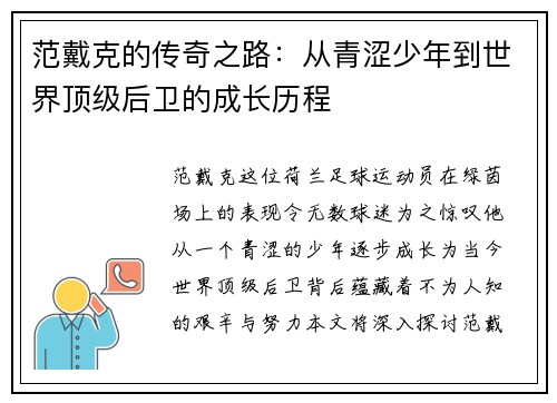 范戴克的传奇之路：从青涩少年到世界顶级后卫的成长历程